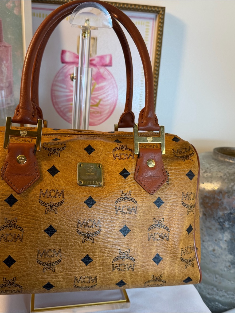 MCM Cognac Visetos Satchel with Tan Trim and Gold Hardware